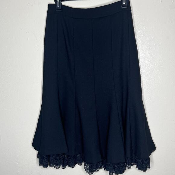Loft Ann Taylor Wool Midi Skirt 6 Black Lace Trim A-Line Work Chic Minimalist - Picture 1 of 10